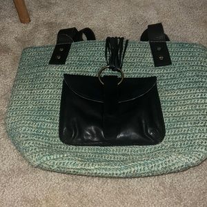 Free People Mint Green Woven Tote with Black Leather Pocket